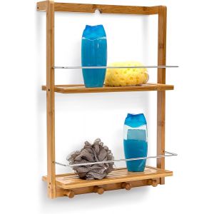 Loc-10019190 Étagère De Douche Bambou Hxlxp : 53 X 38 X 15,5 Cm Serviteur De Douche Salle De Bain 2 Compartiments 4 Crochets,Nature - Neuf