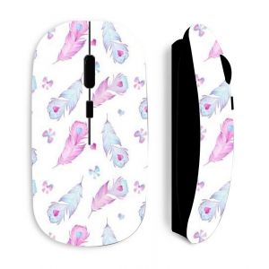 Souris noire Sans Fil Plumes et coeurs rose et bleu - Neuf