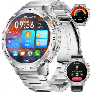 Loc-Montre Connectée Homme Pour Android Ios Avec Appel Bluetooth 1,43"" Amoled Rond Smartwatch Homme Argent Acier 530 Mah Batterie,Lampe De Poche Led,Santé Moniteur,100+ Sport,Podomètre - Neuf