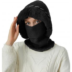 Jexnovashop-Bonnet Femme Hiver Cagoule Chaud Avec Pompon Balaclava D'&eacute;charpe Tricot&eacute; Casquette Doublure En Peluche - Neuf