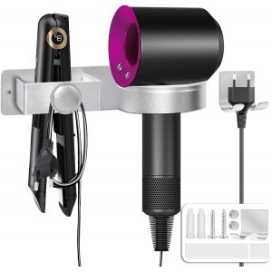 KALANKA-Support Seche Cheveux avec Range-Câbles sans Percage Porte Seche Cheveux et Lisseur Aluminium Titulaires pour Hôtel de Chambre à Coucher de Salle de Bain, Argent - Neuf