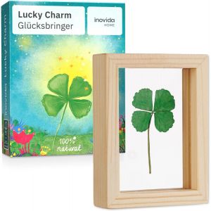 Small Lucky Charm: Real Four-Leaf Clover To Offer-Wooden Frame 7.5 X 5.5 Cm-Lucky Exam Gift-Comfort Gift- Lucky Charm - - Neuf