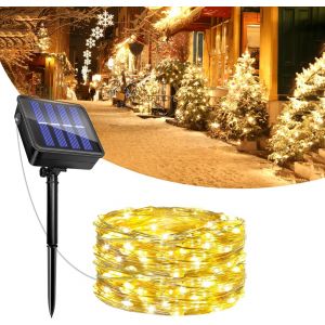 KAL-Guirlande Lumineuse Exterieure Solaire, 5M 50 Led Guirlande Solaire Exterieur Fil De Cuivre, 8 Modes Ip65 Etanches Lumière Solaire Décoration Pour Jardin Terrasse Noël Mariage Fête (Blanc Chaud) - Neuf