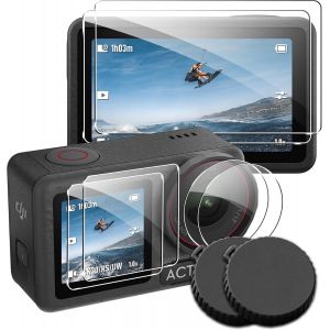 KAL-[Lot De 6 + 2 Films De Protection D'&Eacute;cran Pour Appareil Photo Dji Osmo Action 5 Pro + Couvercle D'Objectif En Silicone Verre Tremp&eacute; De Duret&eacute; 9H Anti-Rayures Anti-Bulles Verre Blind&eacute; Hd - Neuf