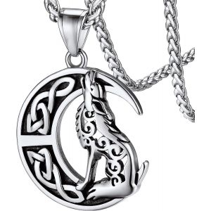 Kal-Collier Viking Homme Pendentif Loup Fenrir Plaqué Or/Noir/Acier Inoxydable Avec Chaîne Réglable 55+5cm,Bijoux Vikings Nordique Amulette Porte Bonheur Cadeau Pour Femme Garçon - Neuf