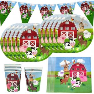 Checarzhn--No1-Ferme Vaisselle Anniversaire Décorations Vache Vaisselle De Fête D'anniversaire Animal Assiettes Gobelets Serviettes Mariage Baby Shower 10 Invités - Neuf