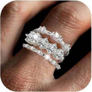 Meimie-3pcs Bague Femme Or Argent,Bague Zircone Acier Inoxydable Ensemble,Bague De Fiançailles Femme,Hypoallergénique,Cadeaux De Bijoux Pour Fille,Mère,Copine,Taille 7 - Neuf