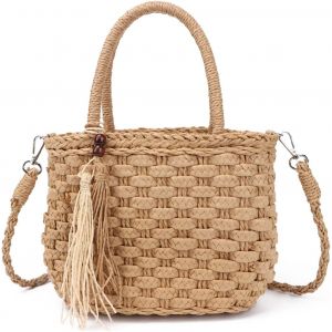 TIANYI-Sac &agrave; main panier en paille pour Femmes Filles Sac &agrave; bandouli&egrave;re panier Pochette d'&eacute;t&eacute; en paille sac de plage tiss&eacute; pour vacances voyages(Marron clair 01) - Neuf