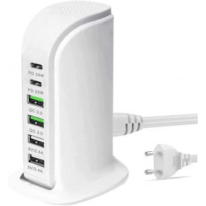 JGD-Chargeur USB 65 W 6 ports - Cadeau pour la famille et les amis - Cadeau d'anniversaire - Station de charge USB A - Chargeur de bureau universel pour iPhone, Samsung, Pixel (blanc) - Neuf