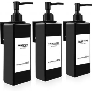 KAL-3 Pièces Distributeur De Savon Mural, Distributeur Savon Douche Noir, 500Ml Flacon Pompe Vide No Perçage Avec Étiquettes Pour Cuisine Et Salle De Bain - Neuf