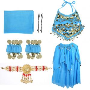 Costume De Danse Du Ventre Pour Filles, Vetements De Performance Avec Voile Et Bracelets (S Et Bleu) - Neuf