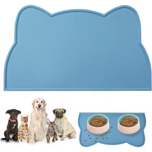 Tapis Gamelle Chien Et Chat,44 * 24cm Forme De Tête De Chat Mignon Tapis Antiderapant Dessous Gamelles Pour Animaux,Tapis D Alimentation Imperméable Silicone,Pour Chats Et Chiens(Bleu) - Neuf