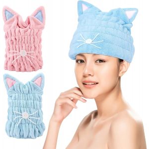 Bonnet De Séchage Pour Cheveux, Serviette Sèche-Cheveux Pour Femmes, Bonnet De Bain À Séchage Rapide, Serviette En Microfibre Avec Oreilles De Chat, Serviette En Polaire Corail Super Absorbante - Neuf
