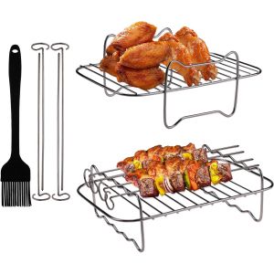 2 Pièces Grille Air Fryer En Acier Inoxydable, 20Cm Double Couche Accessoires Air Fryer, Supports De Friteuse À Air Avec 4 Brochettes, Compatible Avec Ninja Dualzone Dz201/401 Air Fryer[Z802] - Neuf