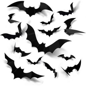 CAUC-Lot De 120 Autocollants Muraux 3D Chauve-Souris Pour Halloween, En 4 Tailles Diff&eacute;rentes, Pvc Imperm&eacute;able, Noir Effrayant, Chauve-Souris Amovible, Kit De D&eacute;coration D'Halloween Pour D&eacute;coration - Neuf