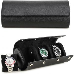 Kal-Étui De Rangement En Cuir Véritable Pour 3 Montres Fait À La Main En Cuir Saffiano Véritable, Étui Portable Avec Coussins Amovibles (Noir) - Neuf