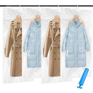 SJZG-4 Pi&egrave;ces Sacs De Rangement Sous Vide Suspendus Pour V&ecirc;tements(2 * 130X70Cm + 2 * 110X70Cm), Housse Sous Vide R&eacute;utilisable Avec Pompe Manuelle, Pour Costumes, Manteaux, Vestes, Robes - Neuf