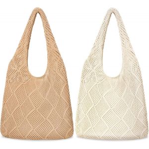 ERSHI-Lot de 2 sacs fourre-tout en crochet pour femme, sacs de plage en maille bohémienne, sac de vacances tissé creux sac à bando[1 - Neuf