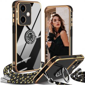 Kal-Coque Avec Cordon Pour Xiaomi Redmi Note 13 Pro+ Plus 5g, Avec Anneau De Support Coeur,Étui Housse Antichoc Souple Silicone Tpu Bumper Portable Protection Case Avec Amovible Collier, Noir - Neuf