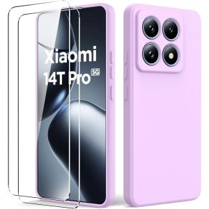Coque Compatible Xiaomi 14t Pro + 2 Verres Trempés, Tpu Liquide Anti¿Choc, Bords Surélevés, Protection Écran Et Caméra - Violet - Neuf