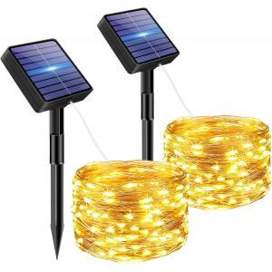 TRAHOO-Lot de 2 Guirlandes Lumineuses Solaires Ext&eacute;rieur, 5M 50 LED Guirlande Solaire Exterieur, 8 Modes IP65 &Eacute;tanche R&eacute;sistantes aux Intemp&eacute;ries, pour Jardin, Cour, Balcon (Blanc Chaud) - Neuf