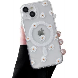 SJZG-Coque Magn&eacute;tique Pour Iphone 15, &Eacute;tui Souple Transparent Avec Motif Fleurs [Compatible Avec Magsafe Charge Sans Fil], Coque Protecteur R&eacute;sistant Pour Iphone 15 6,1""- Marguerite - Neuf