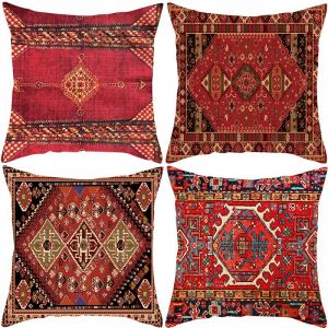 Ensemble De 4 Housses De Coussin Carr&eacute;es 45x45cm, Motif Abstrait Ethnique Turc Rouge Vintage, En Coton Et Lin, Pour Chambre, Canap&eacute;, Fauteuil, Lit Ou Jardin. - Neuf