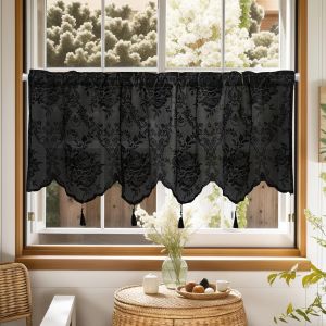 Rideau Brise-Bise - Voilage Fleuri Dentelle Brodée 130x45cm, Motif Roses, Frange, Passe Tringle, Polyester, Transparent, Décoration De Fenêtre Chambre/Salle De Bain/Café/Cuisine - Neuf
