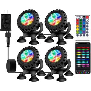 Éclairage De Bassin Led Sous-Marin,Lumière De Piscine Avec Télécommande Et Application Bluetooth,Rgb,Ip68 Étanche Avec Ventouse,Idéal Pour Piscine,Cascade,Étang De Jardin,Aquarium (4 En 1) - Neuf