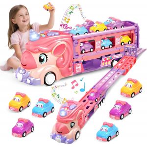 ERYI-Jouet De Camion Licorne Pour Fille 2 3 4 5 6 Ans, Enfant Camion Transporteur Voiture Avec 6 Mini-Voitures Et Piste De Course, Avec Lumières Et Musique, Cadeau Enfant 2 Ans Fille - Neuf