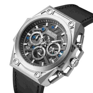 Montre-Bracelet Chronographe &Agrave; Quartz Pour Homme, Mod&egrave;le 4220, Argent&eacute;e, &Eacute;tanche, Bracelet En Cuir - Neuf