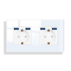 Double prise en verre avec USB en blanc encastr&eacute;,2 prises 16 A avec 2 USB A max.2,1 A,157 x 86 mm,250 V - Neuf