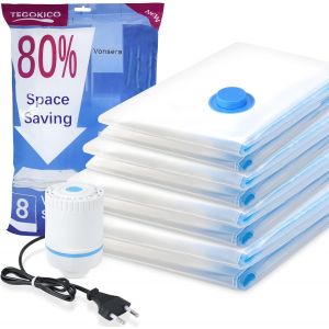 SJZG-Sac Sous Vide Vetement Aspirateur Avec Pompe &Agrave; Air &Eacute;lectrique, Lot De 8 Sacs Sous Vide Pour Couettes Xl/L/M/S, Sacs Sous Vide R&eacute;utilisables Pour Voyage, Stockage Et D&eacute;m&eacute;nagement, Peu Encombrants - Neuf