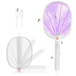 Raquette Electrique Insectes, 3000V Raquette Anti Moustiques avec Lampe UV Moustiques, USB Rechargeable Pliable Bug Zapper, 3 en 1 Raquette Moustique pour Interieur ou Exterieur - Neuf