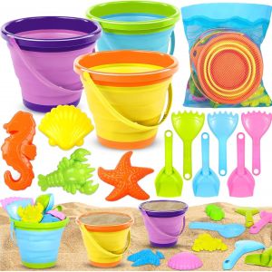 Kal-14 Pcs Jouet De Plage Enfant, Jeux De Plage, Jouets De Plage Pour Enfants, Kit De Jeu De Plage Enfant, Avec Seau Plage Pliable, Pelle, Moules À Sable, Sac En Filet Pour Garçons Filles - Neuf
