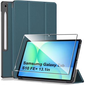 Kalanka-Coque Pour Samsumg Galaxy Tab S10 Fe+ Housse Protection Etui Pu Cuir De Flip Case Cover + [1 Pièce] Verre Trempé Protection Écran [Veille/Réveil Automatique] [Support Fonction] Verte - Neuf