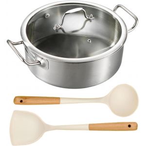 Letnerny-Sauteuse En Acier Inoxydable - 28 Cm - Non Revêtue - Avec Couvercle, Cuillère À Soupe Et Spatule - Bord Haut - Trois Couches - Résistance À La Température - Pour Plaques De Cuisson À Gaz - D - Neuf