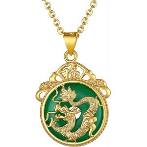 Collier Femme Plaque Or Acier Bouddhiste/Tête De Bouddha/Avalokitésvara Pendentif Jade Bonheur/Cerf Fille Religieux Chinois Médaille Amulette Protection Chaine Garcon 20 Pouce 50cm - Neuf