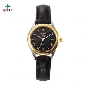 Paire/Ensemble De Montres-Bracelets Analogiques Rondes A Quartz Avec Bracelet En Cuir Pour Couple (Cadran Noir Et Boitier Dore) - Neuf