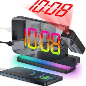 R&eacute;veil &Agrave; Projection, 18,7 Cm, Horloge Num&eacute;rique Led, Grand &Eacute;cran, Avec Projecteur Rotatif &Agrave; 180&deg;, Veilleuse Rvb, Port Usb C, Horloge De Bureau Moderne Pour D&eacute;coration De Chambre &Agrave; Coucher - Neuf