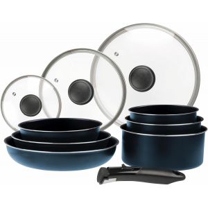 Subzonal-714251 Batterie De Cuisine 10 Pcs Aluminium Bleu M&eacute;tal Mat : Manche Amovible, 3 Po&ecirc;les &Oslash;20,24,28 Cm, 3 Casseroles &Oslash;16,18,20 Cm, 3 Couvercles Verre &Oslash;16,20,24 Cm, Tous Feux Dont Induction - Neuf