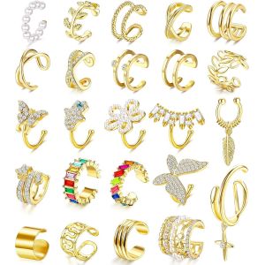 Kal-24pcs Manchettes Oreille Boucles D'oreilles Femmes Plaqué Or 18k Petit Créoles Sans Trou Boucles Faux Clips Oreilles Helix Clou D'oreilles Non Percé Cartilage Ear Cuff Hypoallergéniques - Neuf