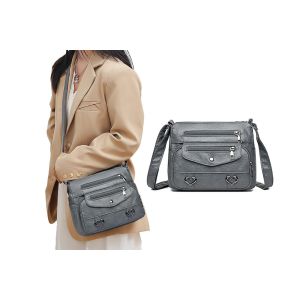 Sac bandouli&egrave;re en similicuir pour femme avec plusieurs poches - Gris - Neuf