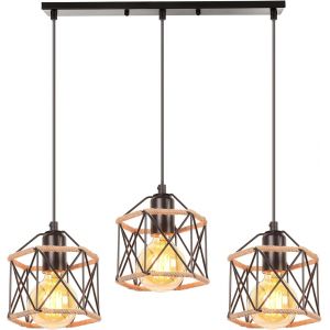 KAL-Lustre Suspension Industrielle Design 3 Lampes Diamant Chanvre Corde Métal Led Luminaire Plafonnier Abat-Jour Rétro Design E27 Pour Cuisine Salon Chambre (Hexagonal-Barre 50Cm) - Neuf