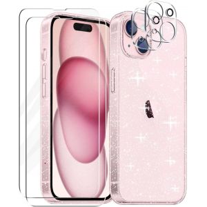 Trahoo-Coque Compatible Avec Iphone 15, 2 Pièces Verre Trempé Protection Écran & 2 Pièces Protecteur De Caméra, Housse Transparente À Paillettes En Silicone Souple Glitter Étui Tpu Case Cover - Neuf
