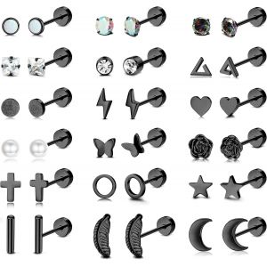 Kalhx-Lot Boucles D'oreilles Femme Petite En Acier Chirurgical Hypoallergénique Piercing Oreille Helix Tragus Cartilage Etoile Lune Perle Papillon Zircon Clou D'oreille Ensemble Piercing Bijoux - Neuf