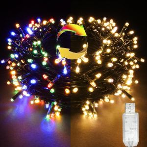 Jgd-Guirlande Lumineuse 10 M 100 Led Usb Blanc Chaud Et Multicolore 11 Modes Minuterie D&eacute;coration Guirlande Lumineuse Ext&eacute;rieur/Int&eacute;rieur Pour Jardins, No&euml;l, F&ecirc;tes, Halloween, C&acirc;ble Vert Fonc&eacute; - Neuf