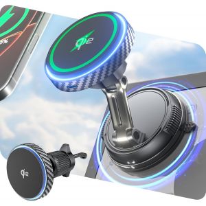 TIANYI-Support T&eacute;l&eacute;phone Voiture Induction Chargeur pour Magsafe, [Qi2 Certifi&eacute; 15W Charge Rapide & Ventouse Vide], R&eacute;glable &agrave; 360 &deg; pour Grille d'a&eacute;ration/Tableau de Bord/Pare-Brise - Neuf