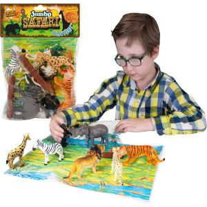 Sansh-Jumbo Playset - Safari De . Lot De Figurines Grand Format. Sachet De Figurines En Plastique Animaux Du Zoo : Tigre, Lion, Girafe, Éléphant, Gorille Et Guépard Parfaits Pour Les Enfants - Neuf