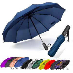 Parapluie De Voyage Compact Coupe-Vent - Parapluie Automatique Pour La Pluie - Petit Parapluie Portable Coupe-Vent Pour Homme, Femme, Adolescent (Pois Blancs) - Neuf